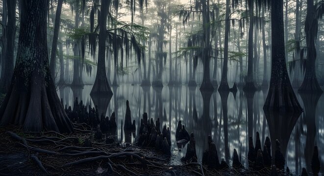Moody swamp fog forest reflection cypress trees atmosphere