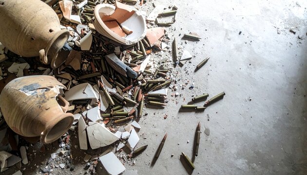 Broken Ceramic Vase and Ammunition Scattered on Ground