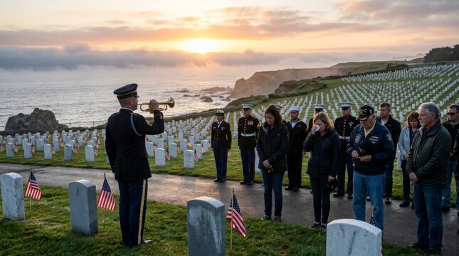Military bugler plays taps at sunrise memorial ceremony with graves and attendees