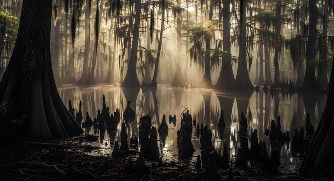 Mysterious foggy swamp scene with cypress trees and reflection