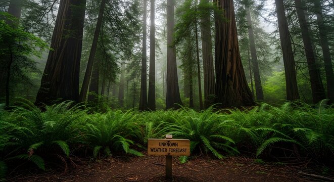 Mysterious forest trail sign deep in temperate rainforest