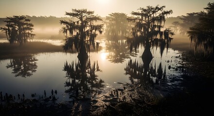 Obraz premium Mysterious Southern Swamp Sunset Reflections Tranquil Fog