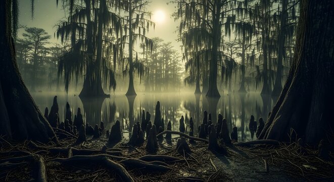 Mysterious swamp atmosphere through mossy cypress trees