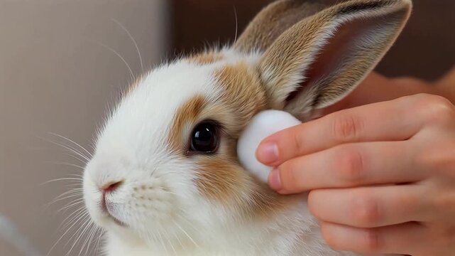 Person cleaning rabbits ear with cotton ball symbolizing advanced medical research and clinical care