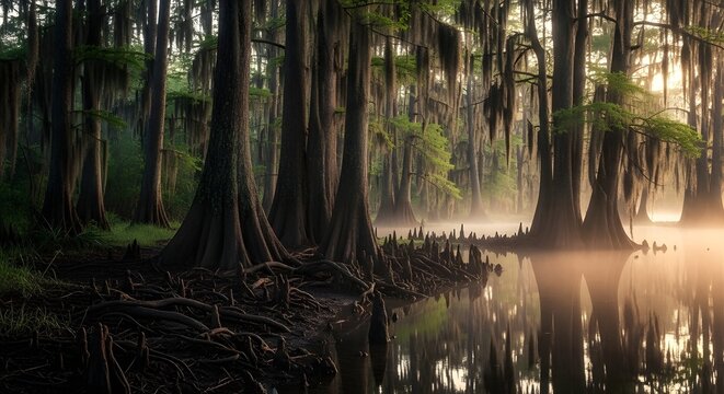 Mysterious swamp fog and towering cypress tree roots
