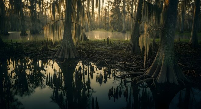 Mysterious Swamp Forest Landscape with Spanish Moss and Reflection