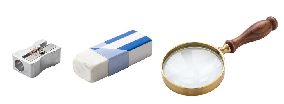 Pencil sharpener, eraser and magnifying glass on transparent background