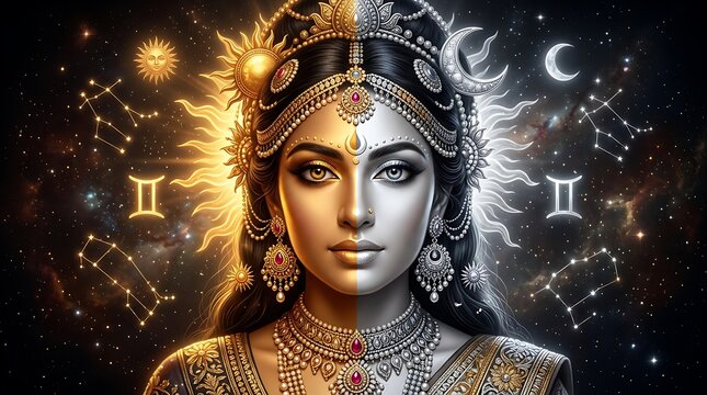 Mithuna Sankranti Concept Illustrating Duality of Sun and Moon