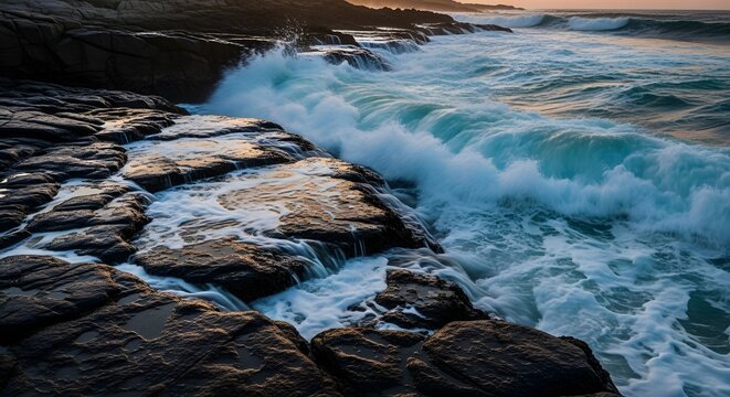 Ocean Waves Crashing Against Dark Rocky Shoreline at Sunset