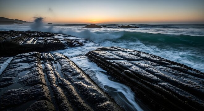 Ocean waves crashing against black tide pools at sunrise dawn