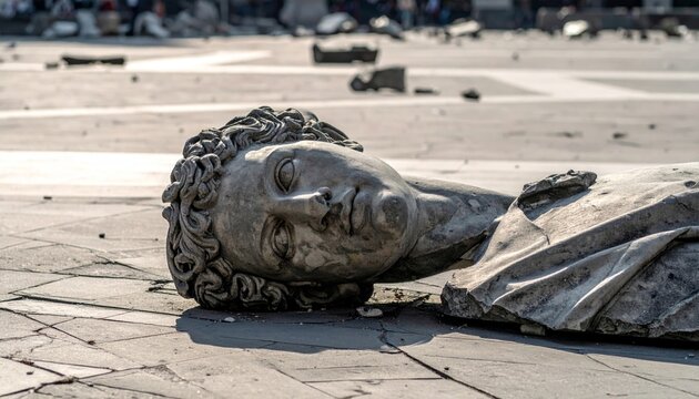 Broken Concrete Statue Head Lies in Public Square