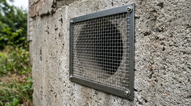 Square wire mesh vent cover installed on a rough concrete wall.