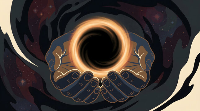 Hand holding glowing black hole portal dark space illustration vintage art