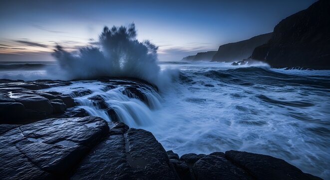 Powerful Ocean Waves Crashing Against Dark Coastal Rocks