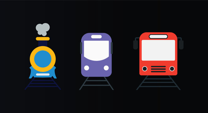 Assorted train illustrations on dark background with mass transit, transportatio