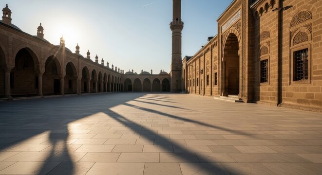 Sunlit ancient mosque courtyard with arches and minaret
