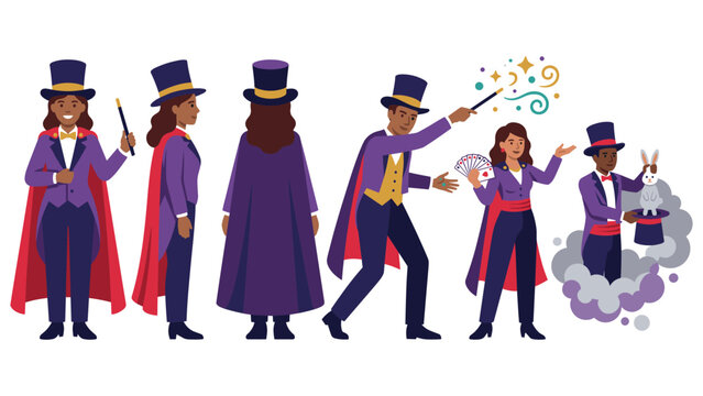 Magician characters in different poses flat vector illustrations isolated on white background.