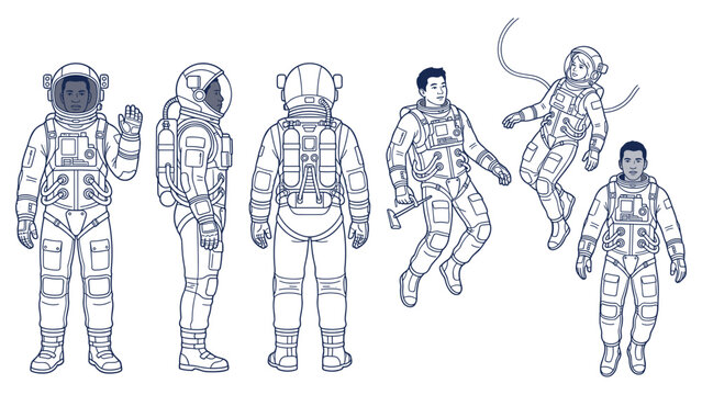 Astronauts in spacesuits exploring outer space celestial bodies floating weightless zero gravity research mission.