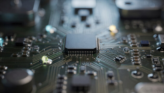 Central microprocessor chip on a dark electronic circuit board closeup
