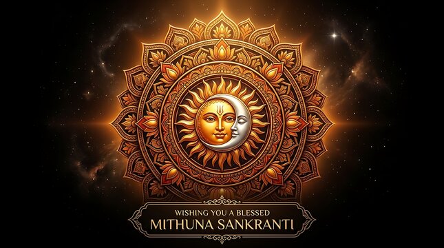 Mithuna Sankranti Greeting Card with Golden Sun Moon Mandala