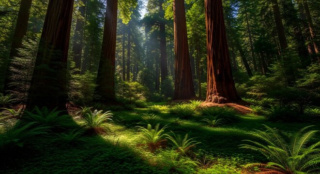 Sunlight rays through redwood forest with lush green undergrowth