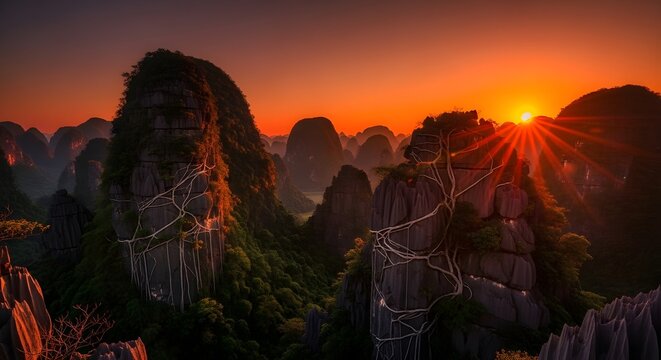 Sunrise over karst mountains of Ha Long Bay Vietnam