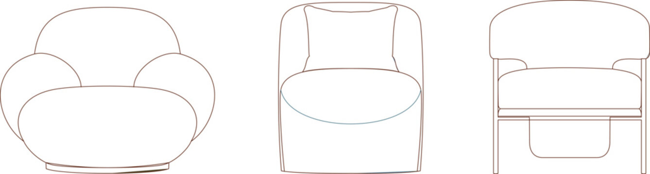 Technical furniture design drawings showing three different armchair and lounge chair styles with rounded and structured forms in CAD line art.