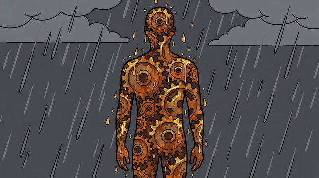 Mechanical gear man standing in rain dark storm cloud rusty metal body illustration