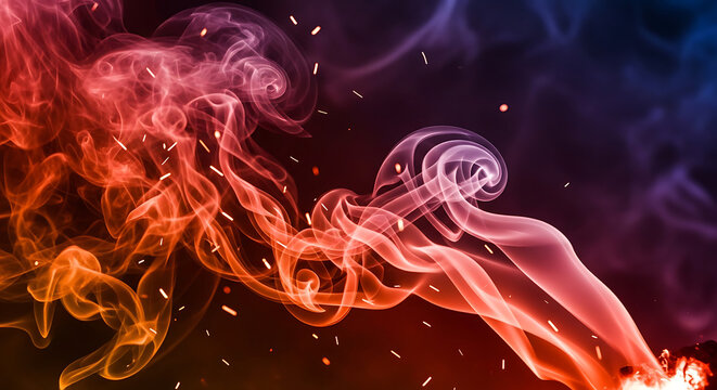 A dynamic pattern of glowing purple and blue flames swirls in a flowing motion, creating an abstract smoke and fire background with light waves and energy curves on a black texture backdrop
