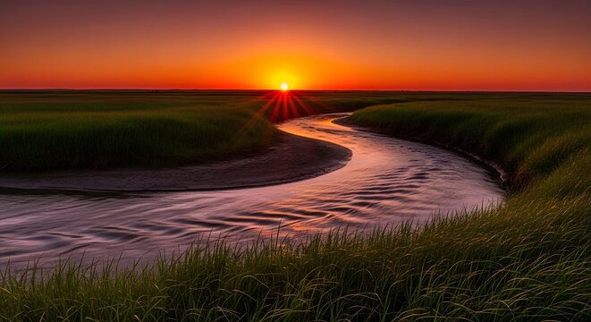 Sunrise river bend flowing through lush marshland at dawn