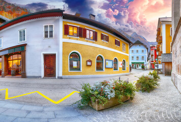 Fototapeta premium Stunning view on streets of famous Hallstatt mountain village.