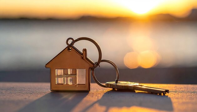 House key on table with house shaped charm against a blurred sunset backdrop