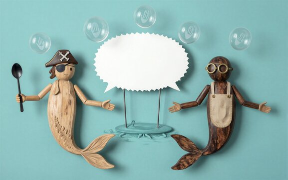 Wooden pirate and merman chat with speech bubble handprints floating