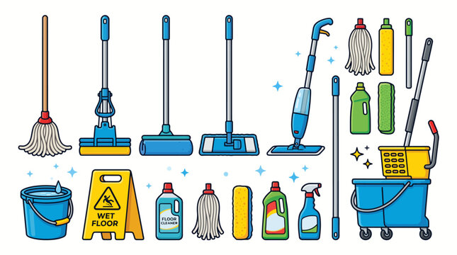 Collection of professional floor cleaning tools including various mops buckets wet floor signs and detergents isolated on white