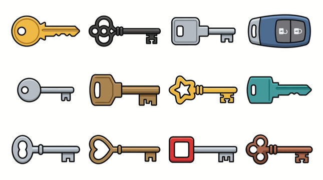 Collection of various key types including modern car fob, house keys, and vintage skeleton keys isolated on white