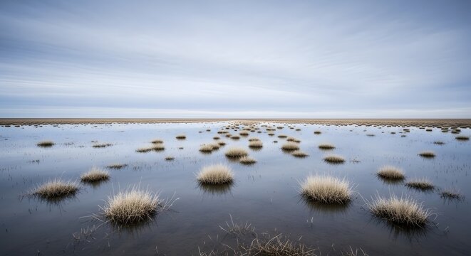 Vast wetland landscape at dawn or dusk with grasses