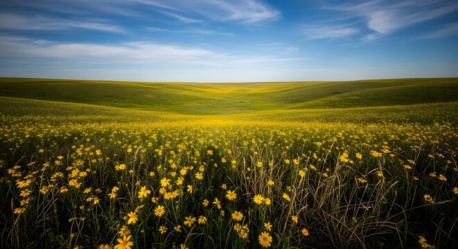 Vibrant Yellow Flower Field Under Blue Sky Panorama View