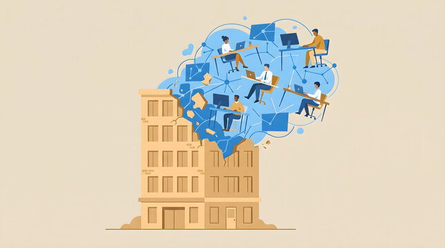 Office building exploding at top with network of employee working remotely in digital cloud