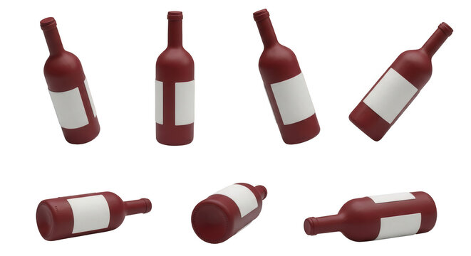 red wine bottles arranged in various tilted poses against a clean white background for advertising and product purposes