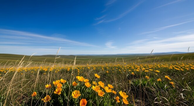 Vibrant yellow wildflowers stretch across expansive summer prairie landscape