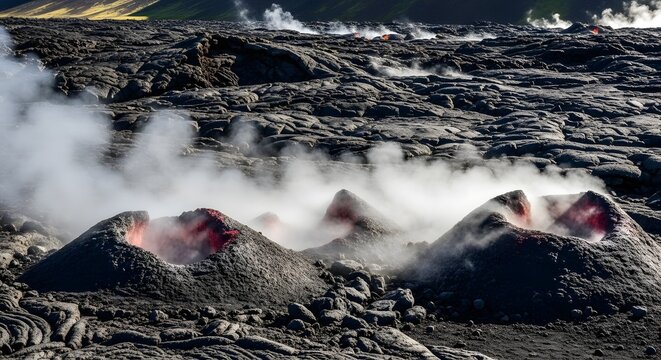 Vivid geothermal steam rising from volcanic rock formations