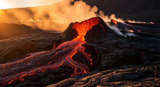 Vivid Lava Flow Erupting at Sunset on Volcanic Landscape