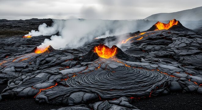Volcanic landscape with glowing lava and geothermal steam