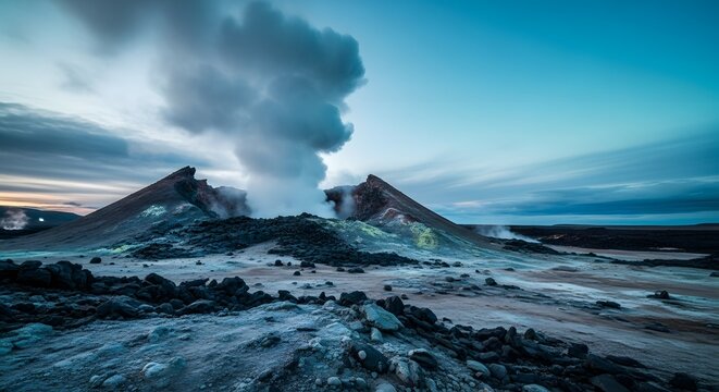 Volcanic Landscape with Steam and Dramatic Sky at Sunset