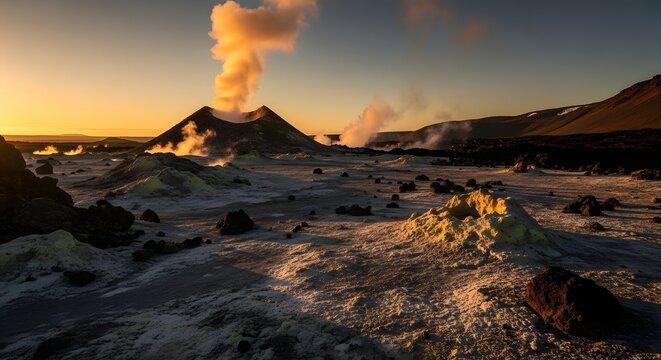 Volcanic Landscape with Steam Emissions at Sunset