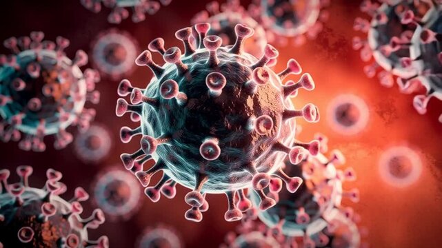 Virus particles are shown floating in a dark environment with a bright light