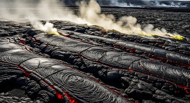 Volcanic Landscape with Steam Emissions and Cracked Lava Flows