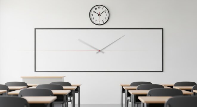 A classroom with empty desks and chairs facing a large clock and whiteboard on the wall.