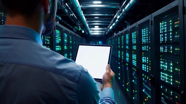 Man working with tablet in server room for high-tech product launches and digital media