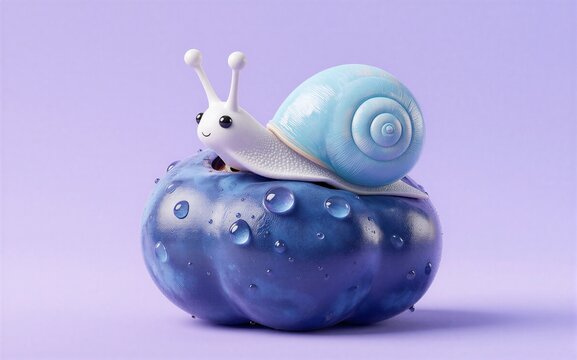 Cute snail with blue shell perched on dewy purple fruit against soft